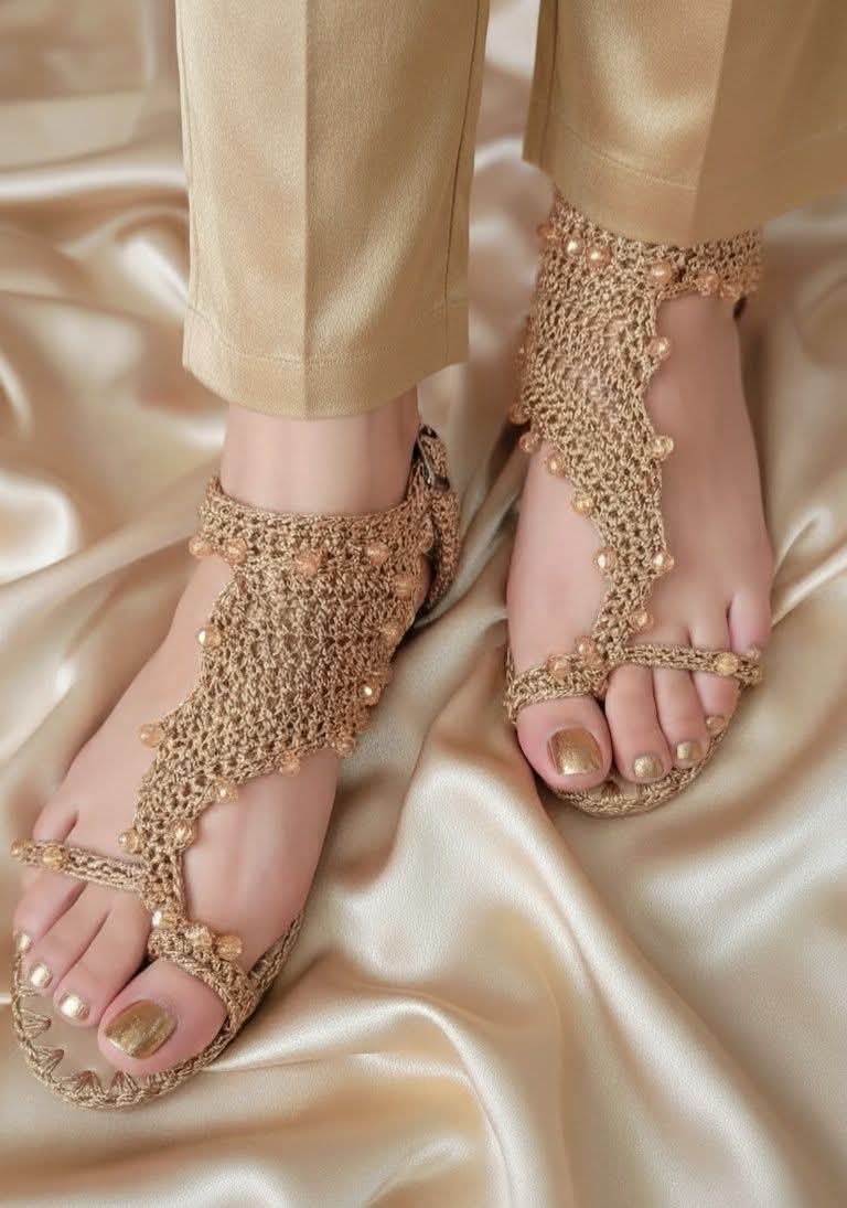 Golden Crochet Embellished Sandals
